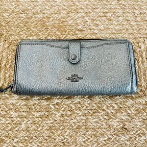 Coach Metallic Silver Saffiano Zip Around Wallet